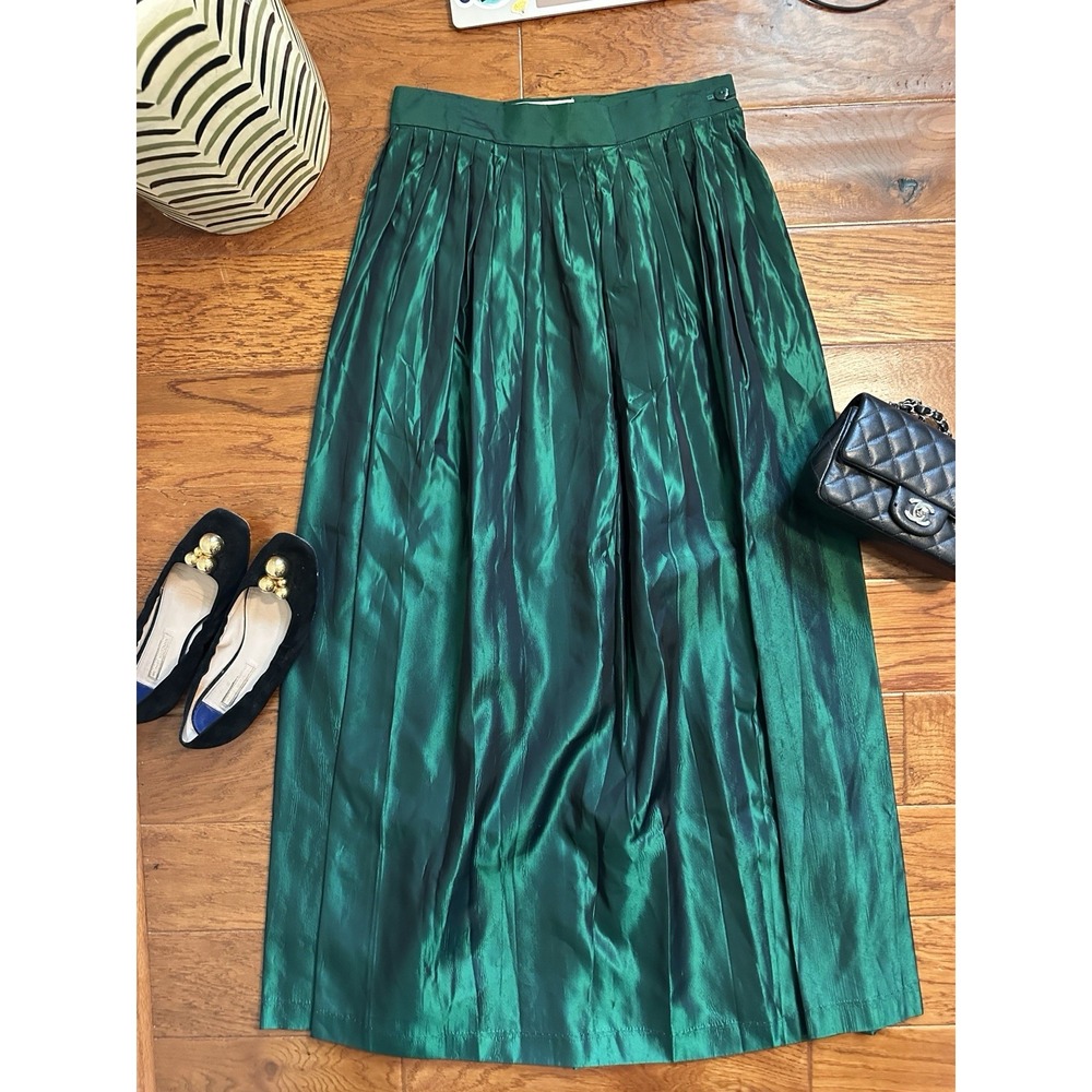 Vintage Studio G Emerald Green Iridescent Pleated Maxi Skirt USA Sz 10 Shiny
